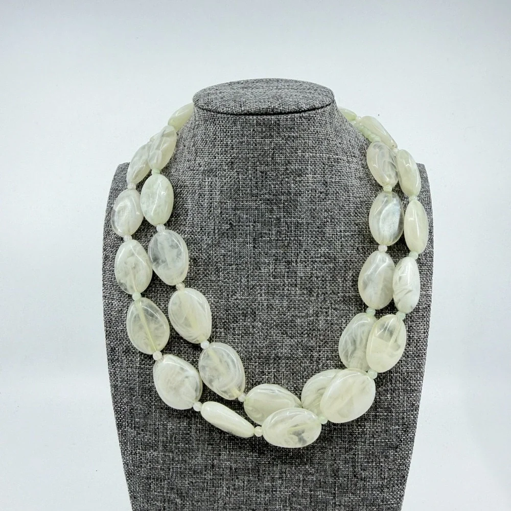 Pale Green Translucent Marbled Bead Double Strand Necklace Statement Jewelry